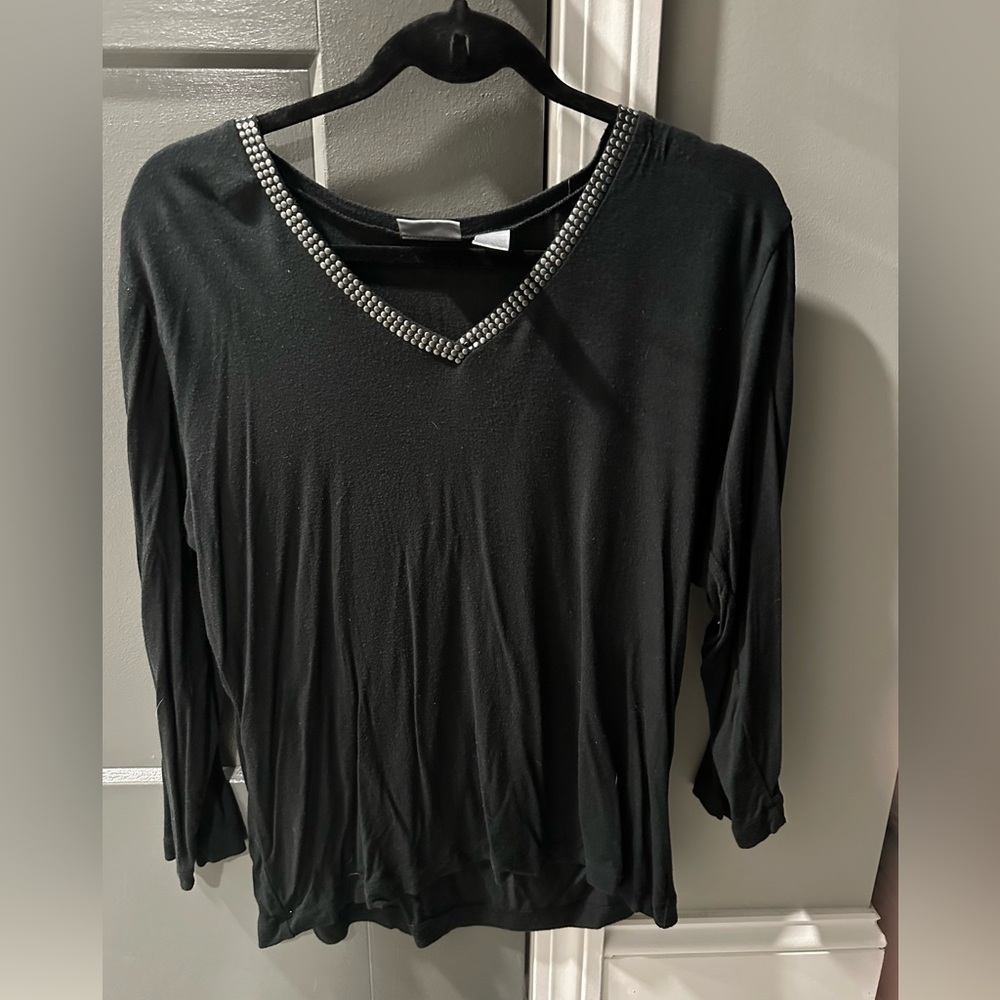 Chicos Size 1 Black V-neck embellished neckline, 3/4 sleeves, high low bottom.